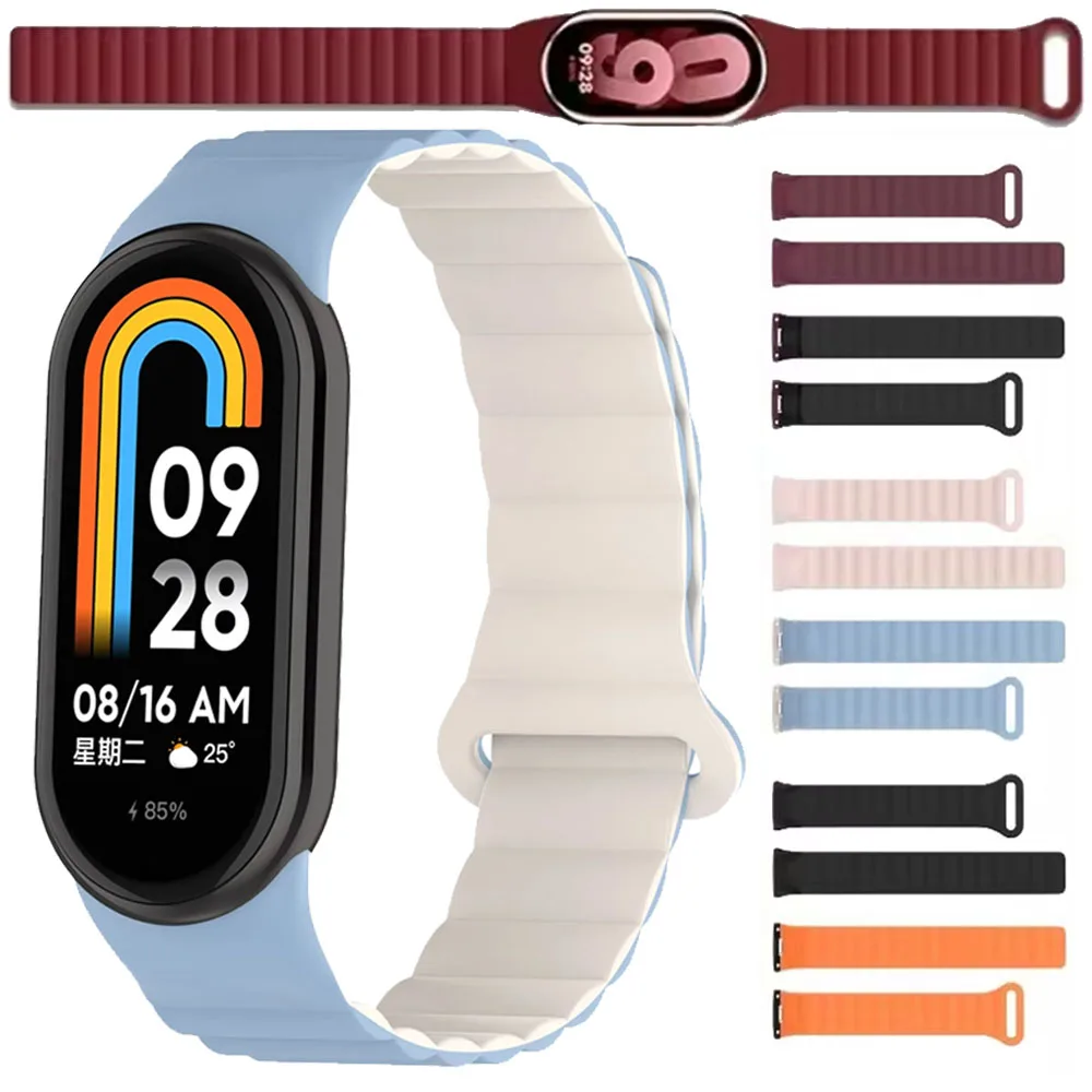 Magnetic Loop Silicone Strap for Xiao Mi Band 10/9/8 Soft Double Color Replacement Bracelet for Xiao Mi Band 11 Belt Accessorie