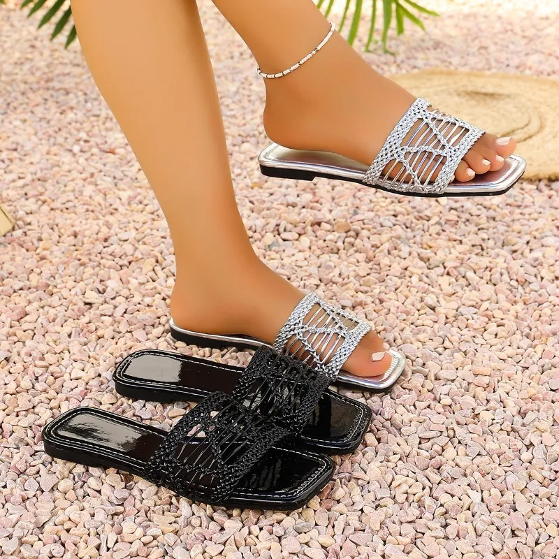 Women's Square Open Toe Solid Color Vintage Hollow Out Breathable Slippers Women Weaving Style Lightweight Sandals Summer New