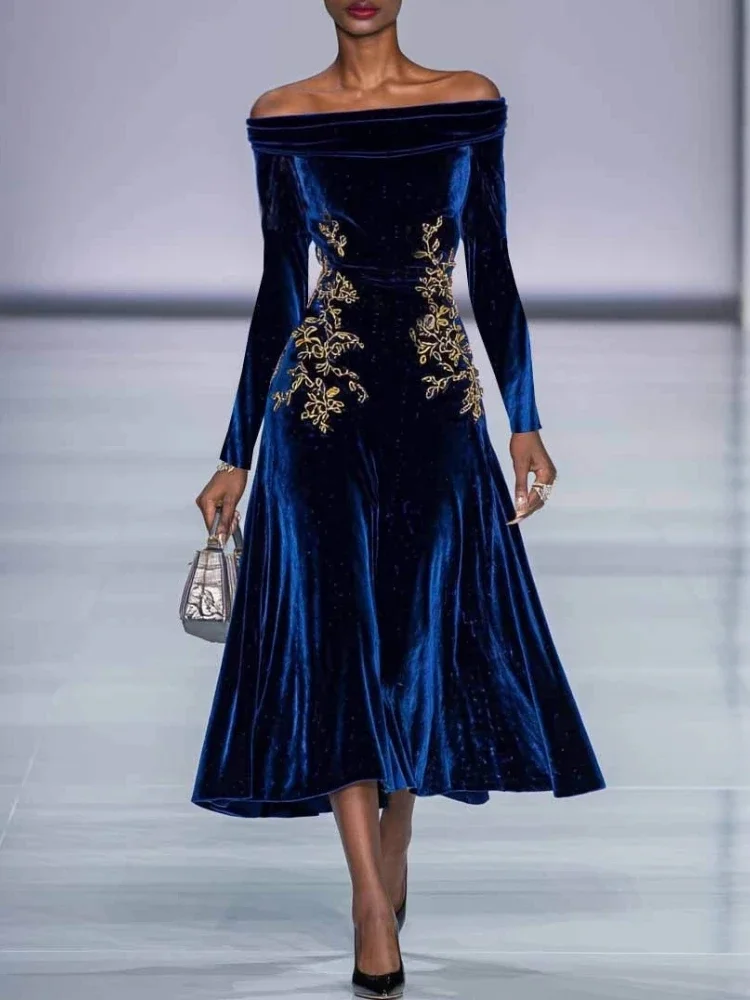 

Flower Print Velvet Dress for Women Solid Color Long Sleeves Off-shoulder Waist Maxi Dress Elegant Party Evening Dresses 2025