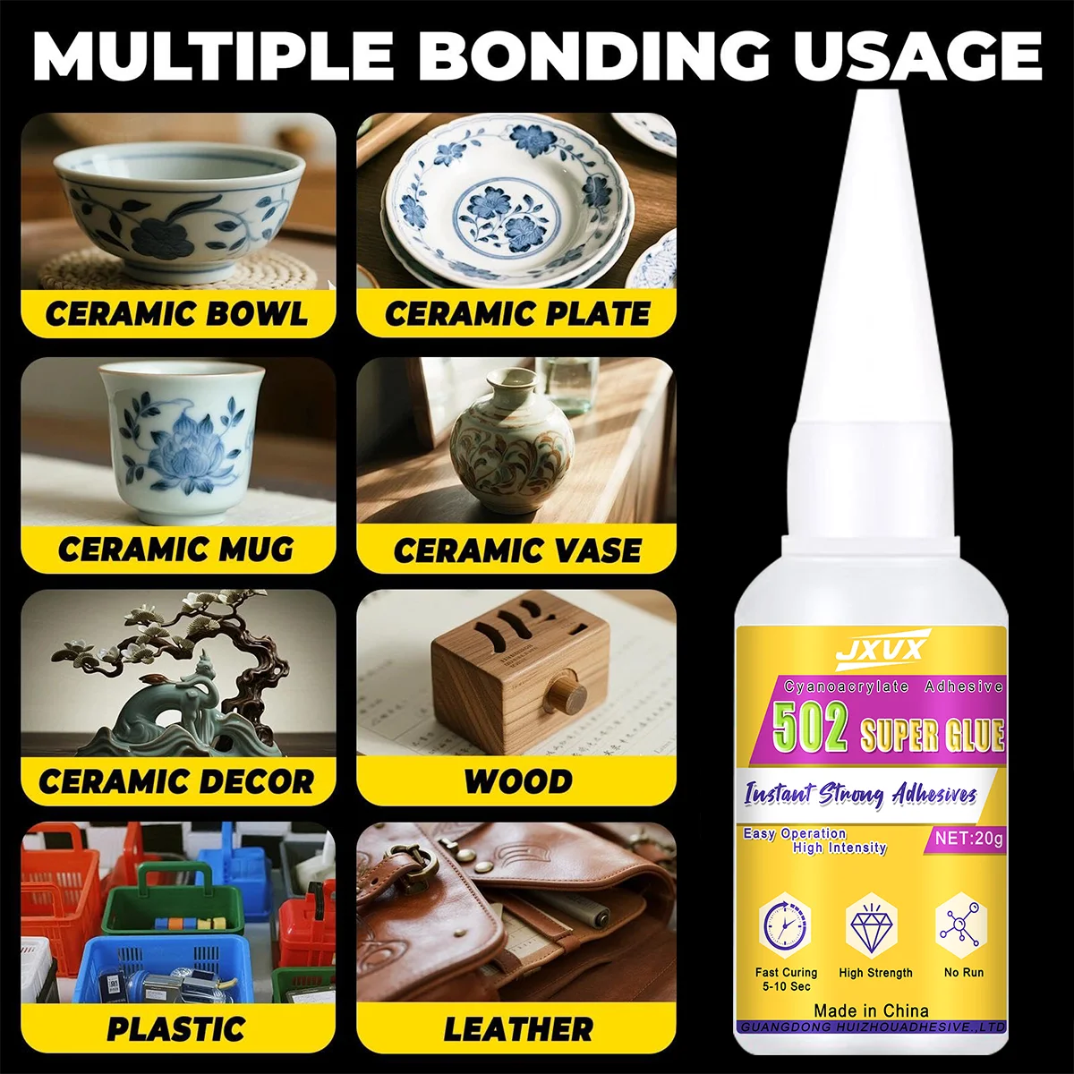 Jxvx — улучшенный универсальный клей 502, сильный быстрый клей, водонепроницаемый и прозрачный для ремонта фарфора, чашек, тарелок, кружек и т. д. Это также применяется к других материалов.