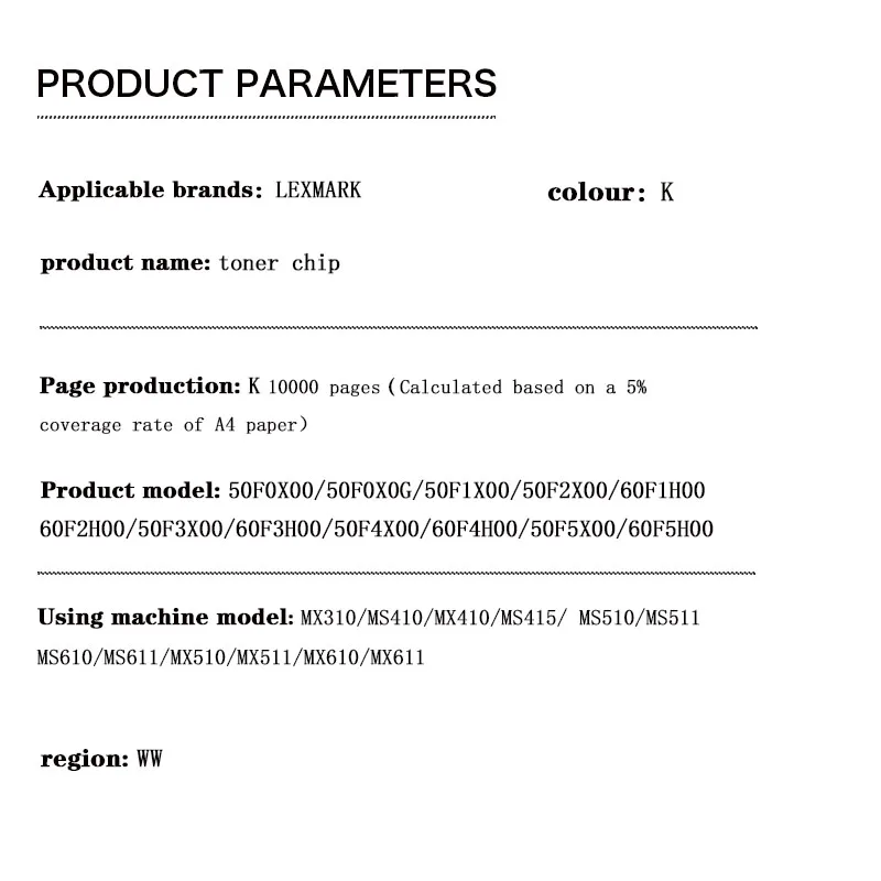 50F0X00/50F0X0G/50F1X00/50F2X00/60F1H00/60F2H00/50F3X00 10K Tonerchip für Lexmark MX310/MS410/MX410/MS415/MS510/MS511/MS610