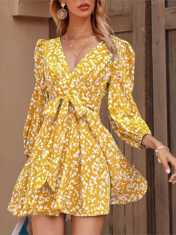 Floral Print Dress Puff Sleeves Vestidos V-link Slim Dresses 2025 Woman Printed All-match French Fresh Sweet Beachwear Commuting