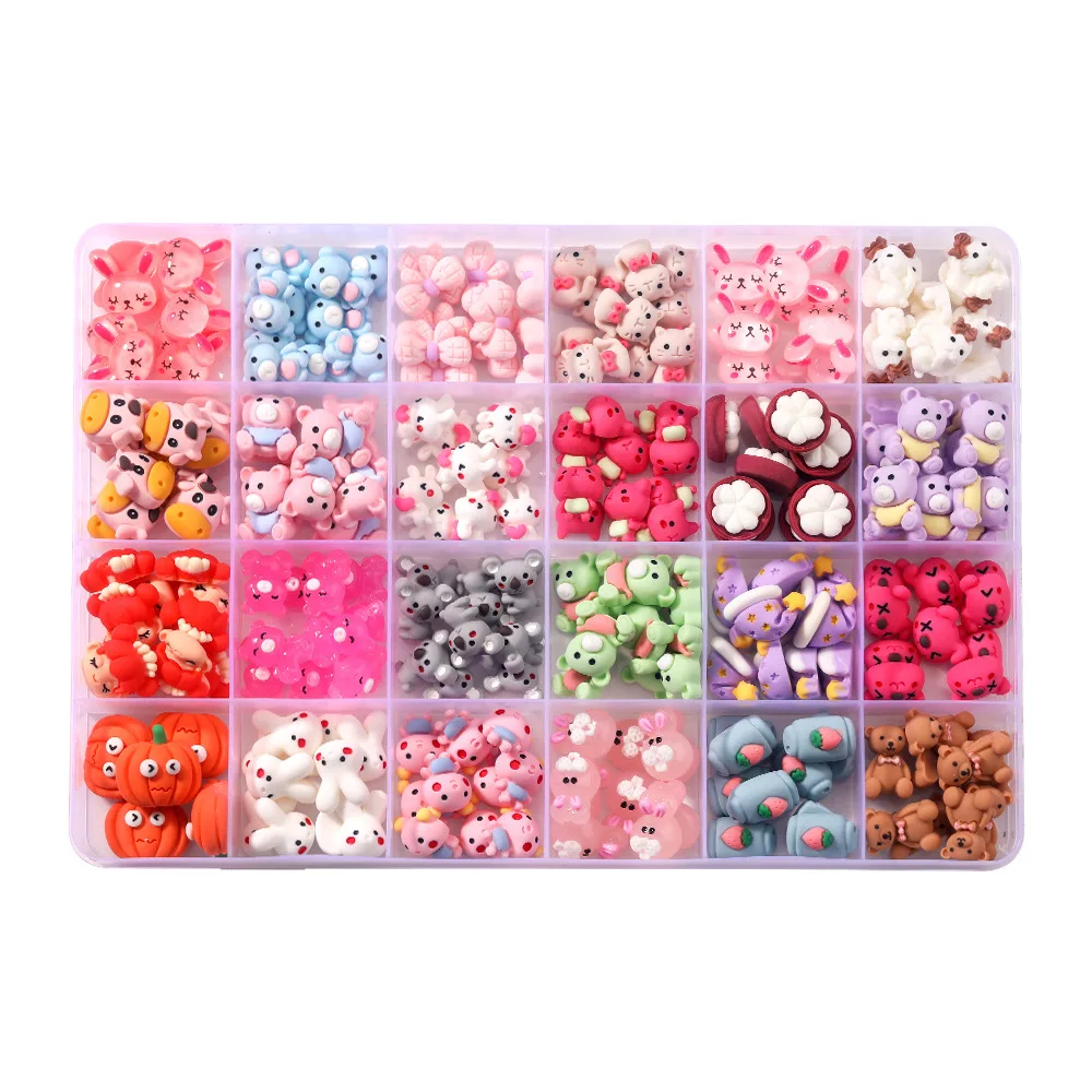 24 grid cartoon ornaments nail art cute cartoon bear rabbit resin animal fruit love nail decoration