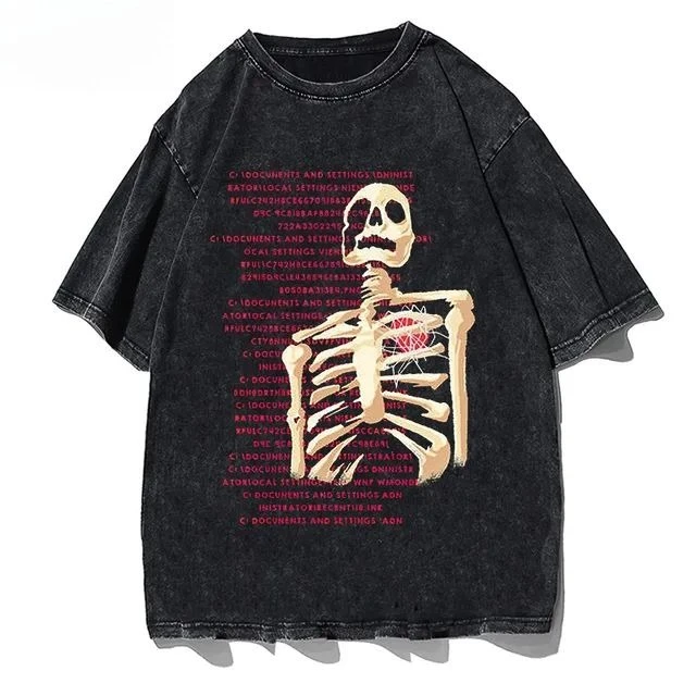 Krótki rękaw, wygodna koszulka, luźny krój, styl uliczny, postarzana, męska, z nadrukiem czaszki, w stylu retro.
