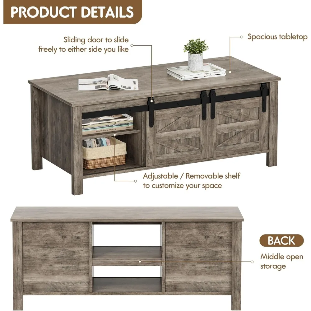 Farmhouse Coffee Table with Storage & Sliding Barn Doors, Modern Rustic Living Room Table with Adjustable Shelves