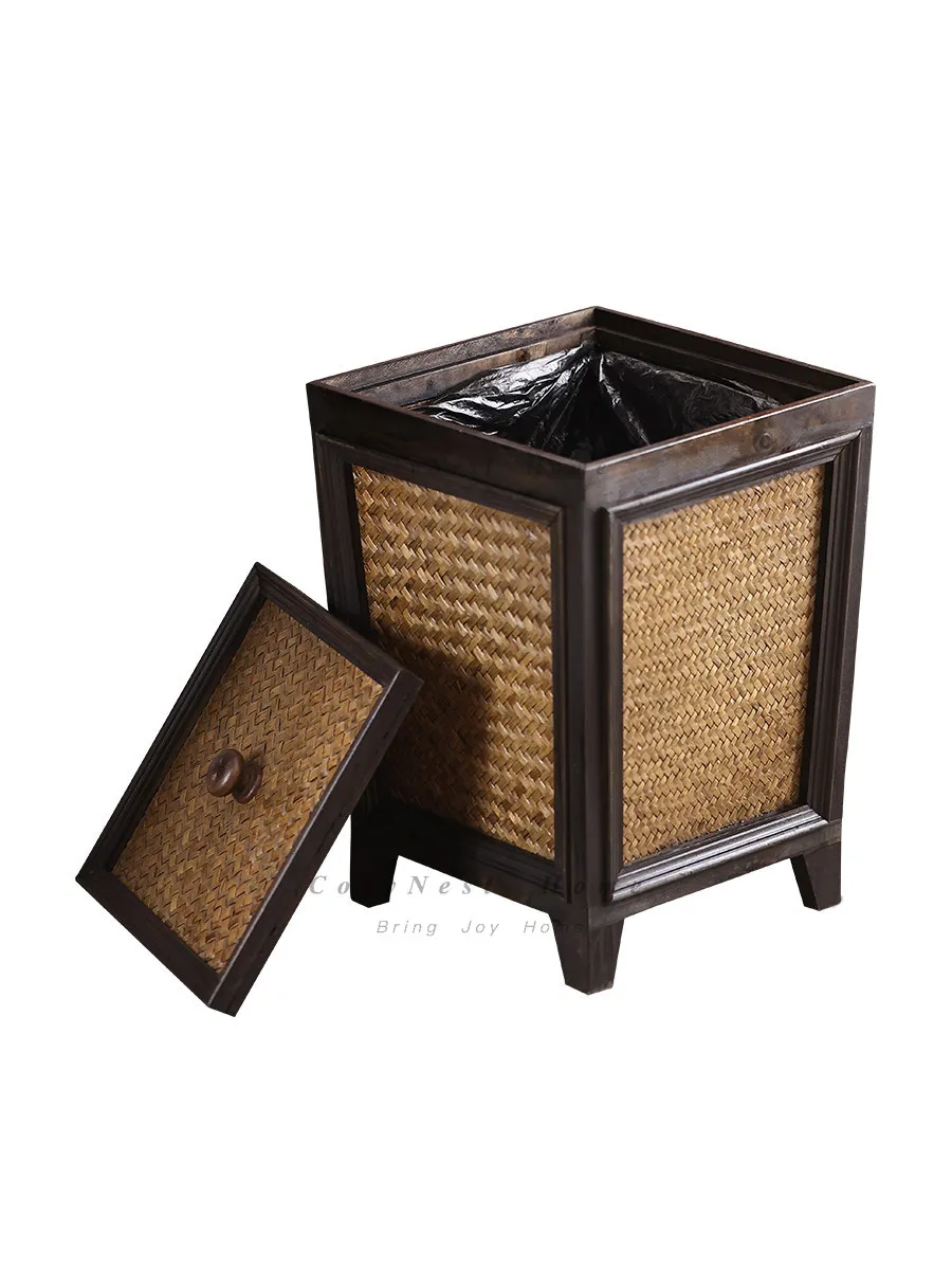 Wooden paper basket Living room Ancient bamboo woven garbage basket Household solid wood trash can