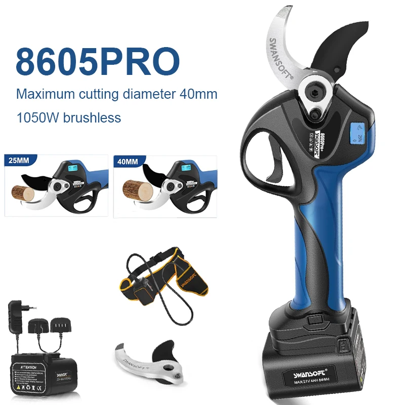 Sécateur électrique SWANSOFT 40 mm, coupe-branches, 1050 W, sans balais, batterie 21 V, ciseaux électriques sans fil pour verger, vignoble, olivier, 8605PRO