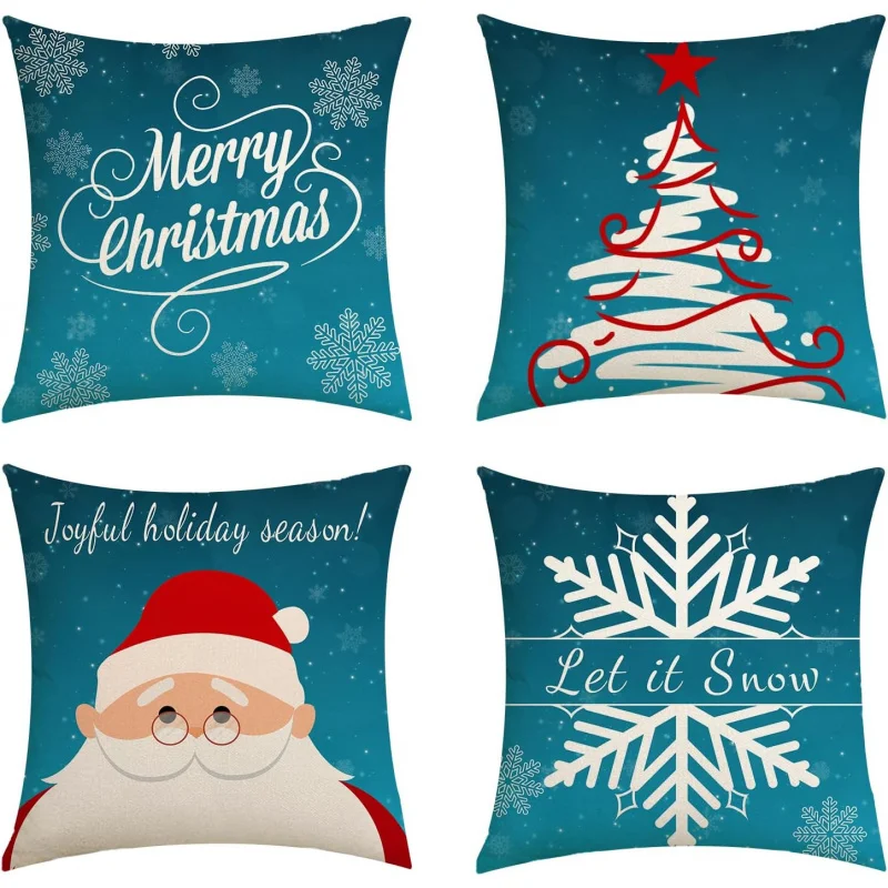 Blue Christmas Decorative Pillow Cover 20x20 Inch Santa Snowflake Cushion Covers Set of 4, Let It Snow Winter Decor