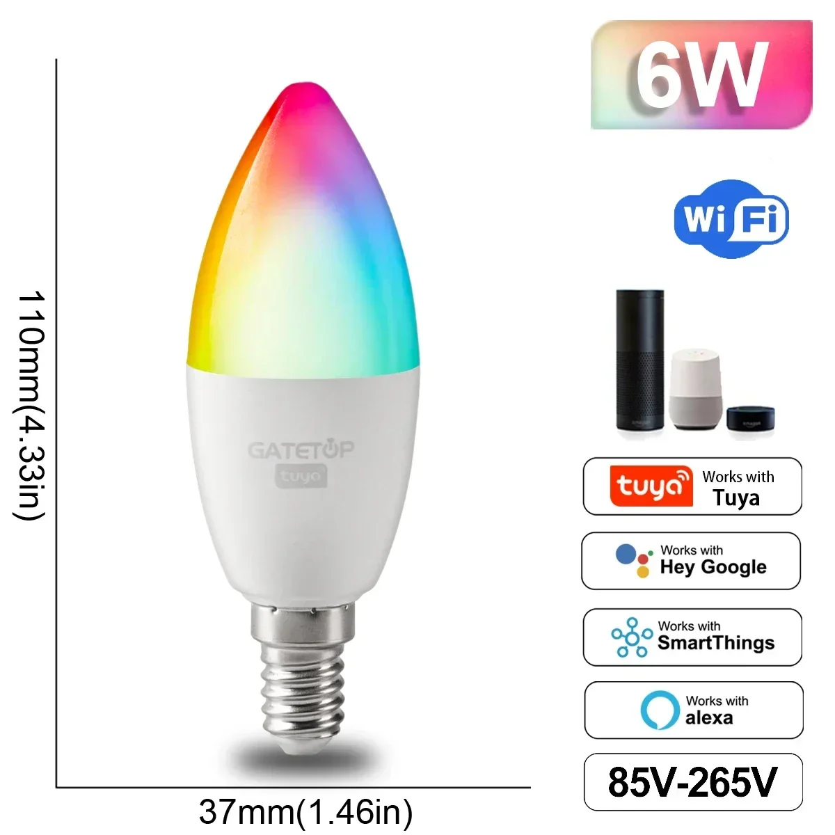 Bombilla inteligente Tuya Wifi/Bluetooth,Led Alexa RGB，C37 E14 Bulb ,para Google Assisatnt Smart Life Light Dimmable 6W 85V-265V