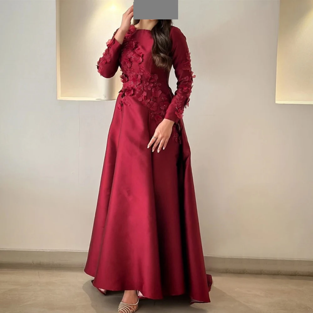 

Burgundy Long Sleeves Satin Formal Evening Dress 2024 Woman Elegant Appliques Button Back Special Occasion Gowns Custom Made