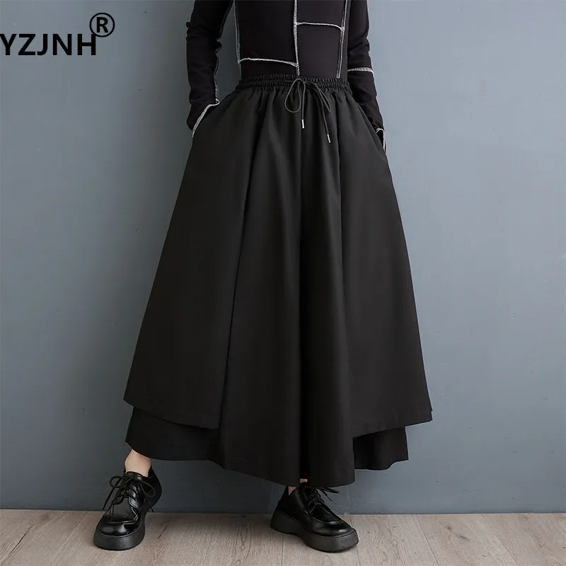 YZJNH 2024 Spring/Summer Black Large Size Pant Skirt for Women Loose Fashionable Elastic Waist Double Layer Wide Leg Culottes
