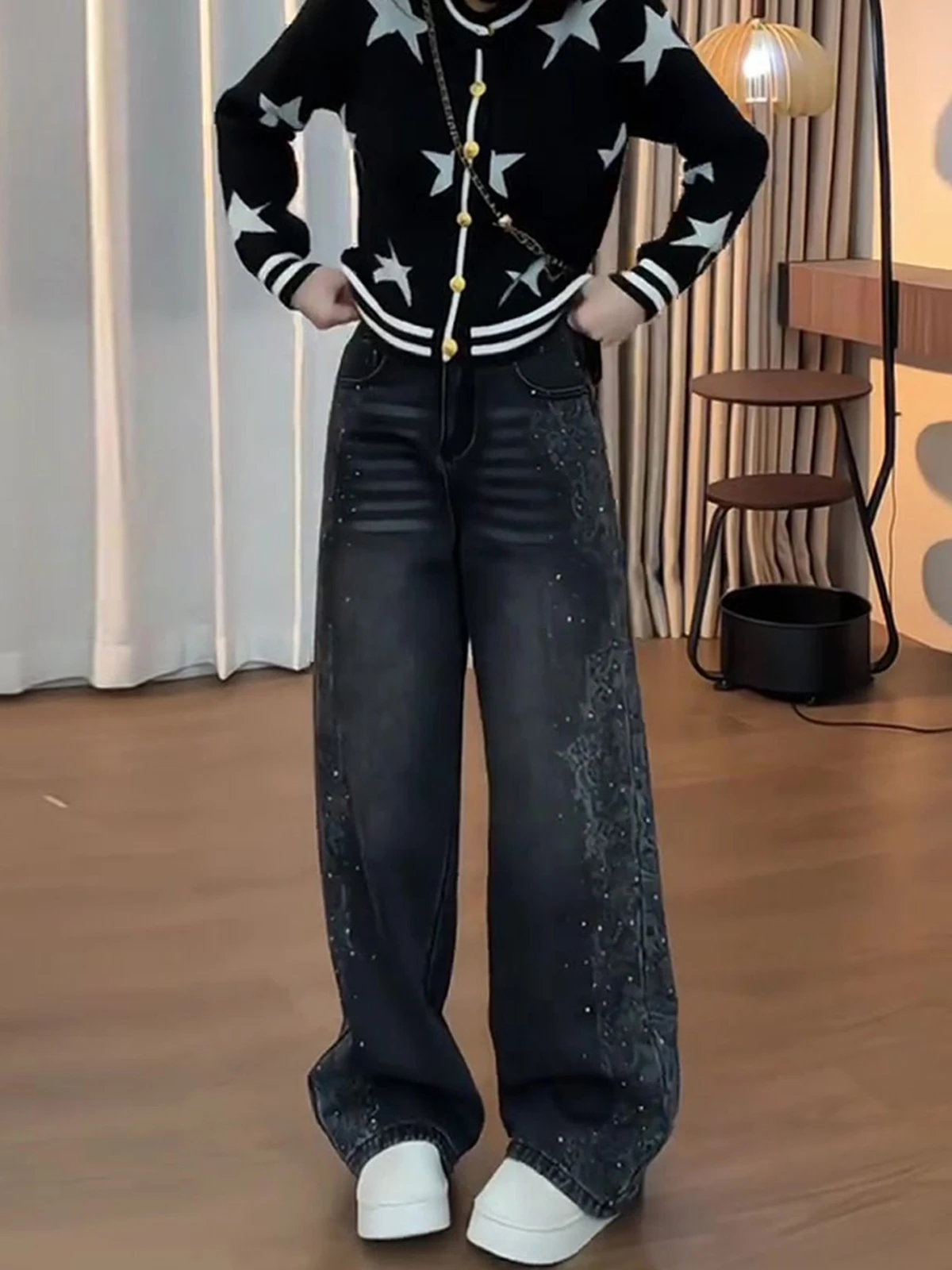 

Ретро-джинсы с широкими штанинами и стразами, женские свободные брюки с высокой талией, весенняя новинка для женщин