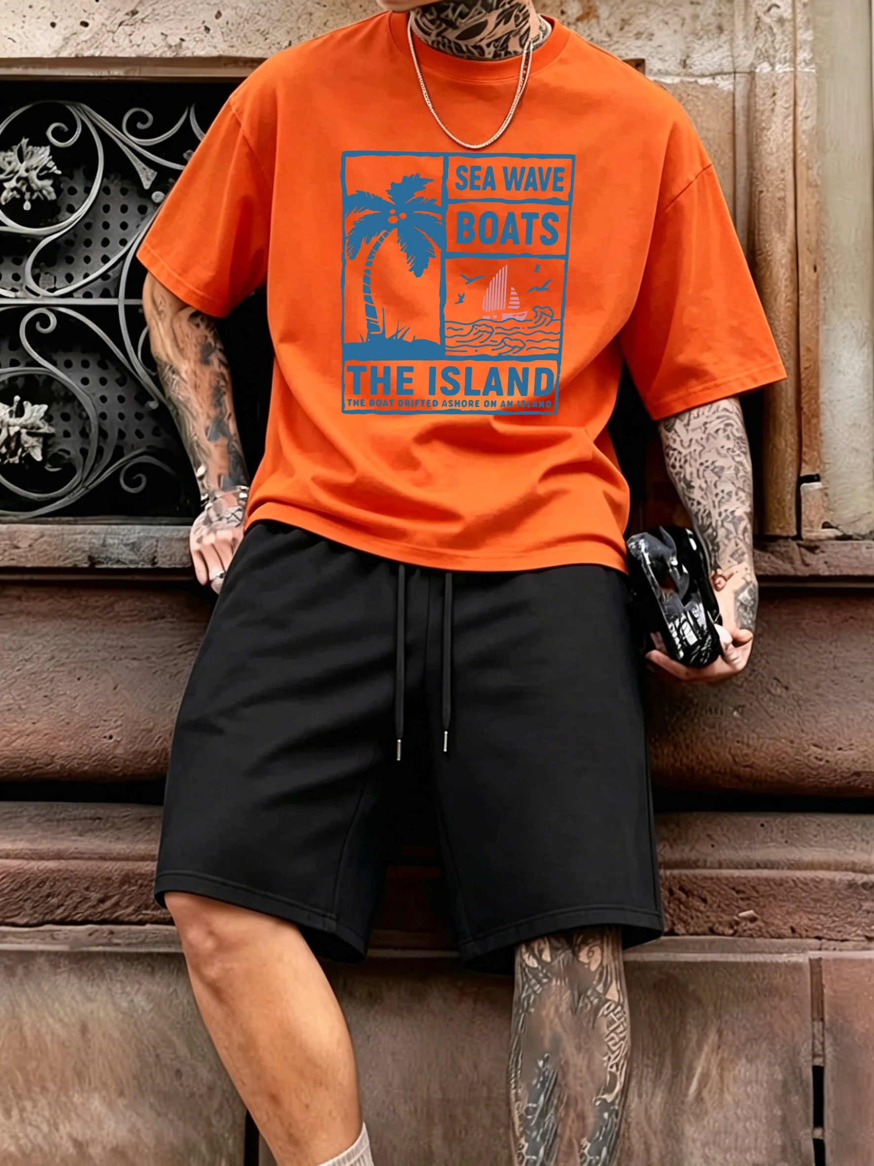 

Sea Wave Coconut Tree Boats Design Cotton Summer Casual T Shirts Suit Men Fashion Soft Sportswear Stretch Breathable Short Pants