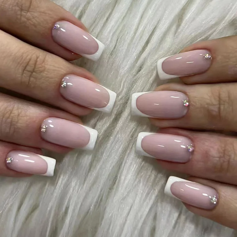 

24pcs Short Square Fake Nails White French Tips Ballet Press on Nails Wearable False Nail Manicure As Gift for Girls and Friend