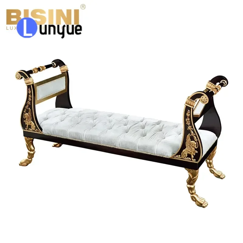 Luxury Handmade Wood Carving Bedside Stool Fabric Upholstered Bench for Villa Bedroom Furniture Elegant Decorative End Seat