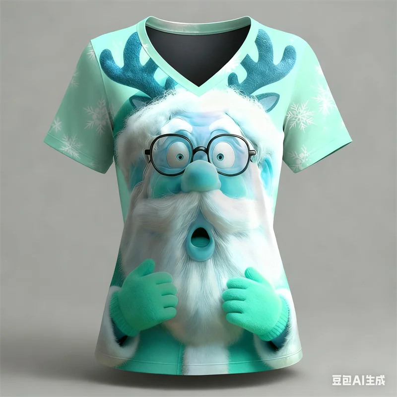 

Cartoon Christmas Reindeer 3D Printed Women's T-Shirts Casual Crew Neck Short Sleeve Tops Fashion New Year X'mas Femlae Clothing