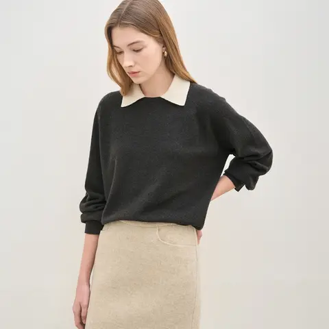 우아한 순색 니트 스웨터 라운드 넥 턴다운 칼라 긴 소매 레귤러 핏 봄 패션 여성 니트웨어