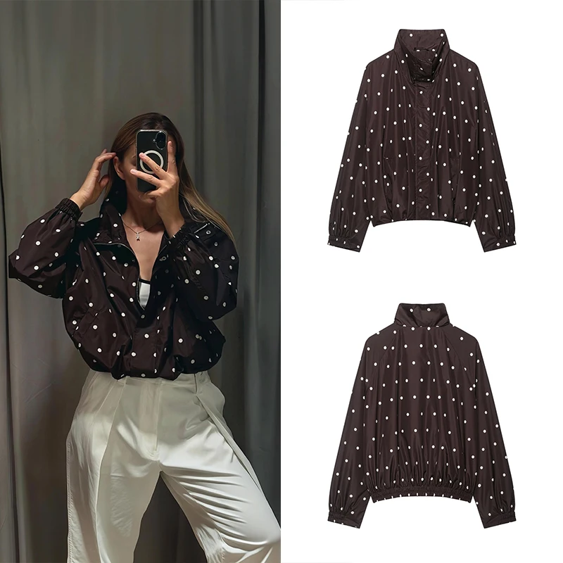 Guobioziy Women's Polka Dot Aviator Jacket 2026 Spring-Autumn European Fashion Trend Casual Punk Commuter Classic Street Style