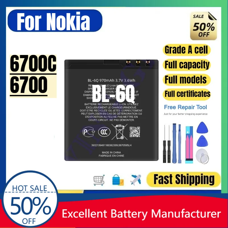 0 Cycle BL-6Q Battery for Nokia 6700C 6700 Phone High Quality Replacement Battery Grade A Cell Lithium Ion Bateria with Tools