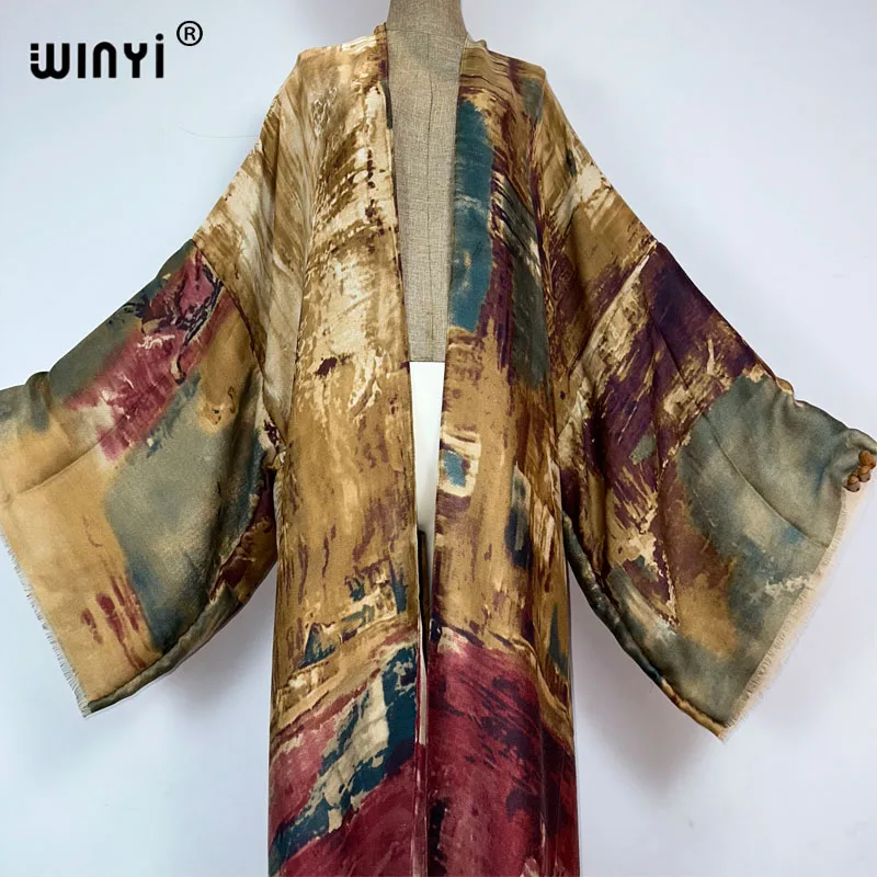 WINYI kimono new Oil print Bikini Cover-up Elegant beach outfits for women sexy cotton feeling vestidos para mujer dress kaftan