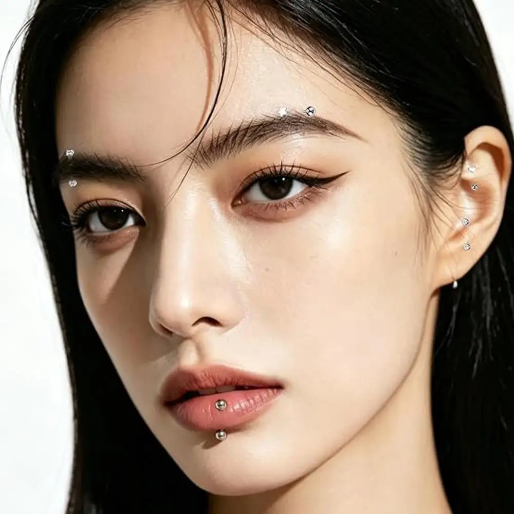 1/12PCS Set Stainless Steel Eyebrow Tragus Helix Rook Daith Earrings Belly Lip Ring Clear Cubic Zirconia Barbell Body Jewelry