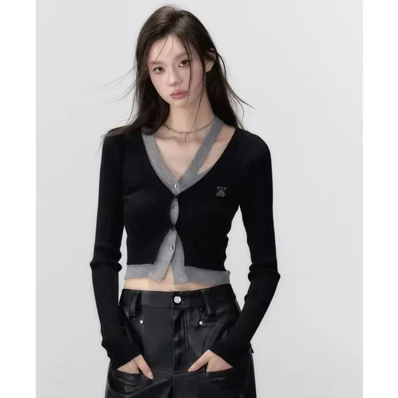 Contrast Color Fake Two Piece Irregular Sweater Y2K Slim Long Sleeve V Neck Cardigan Knitted Patchwork Women Pull Femme Crop Top