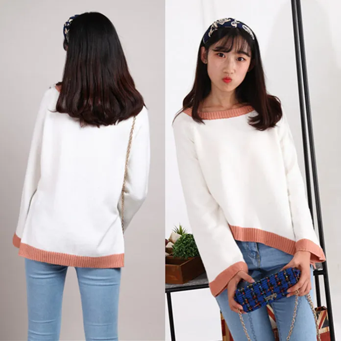 

Women's Loose Knitted Sweater round Ne Overhead Autumn Winter Warm Thiened Fce Asymmetrical Design Student Faion