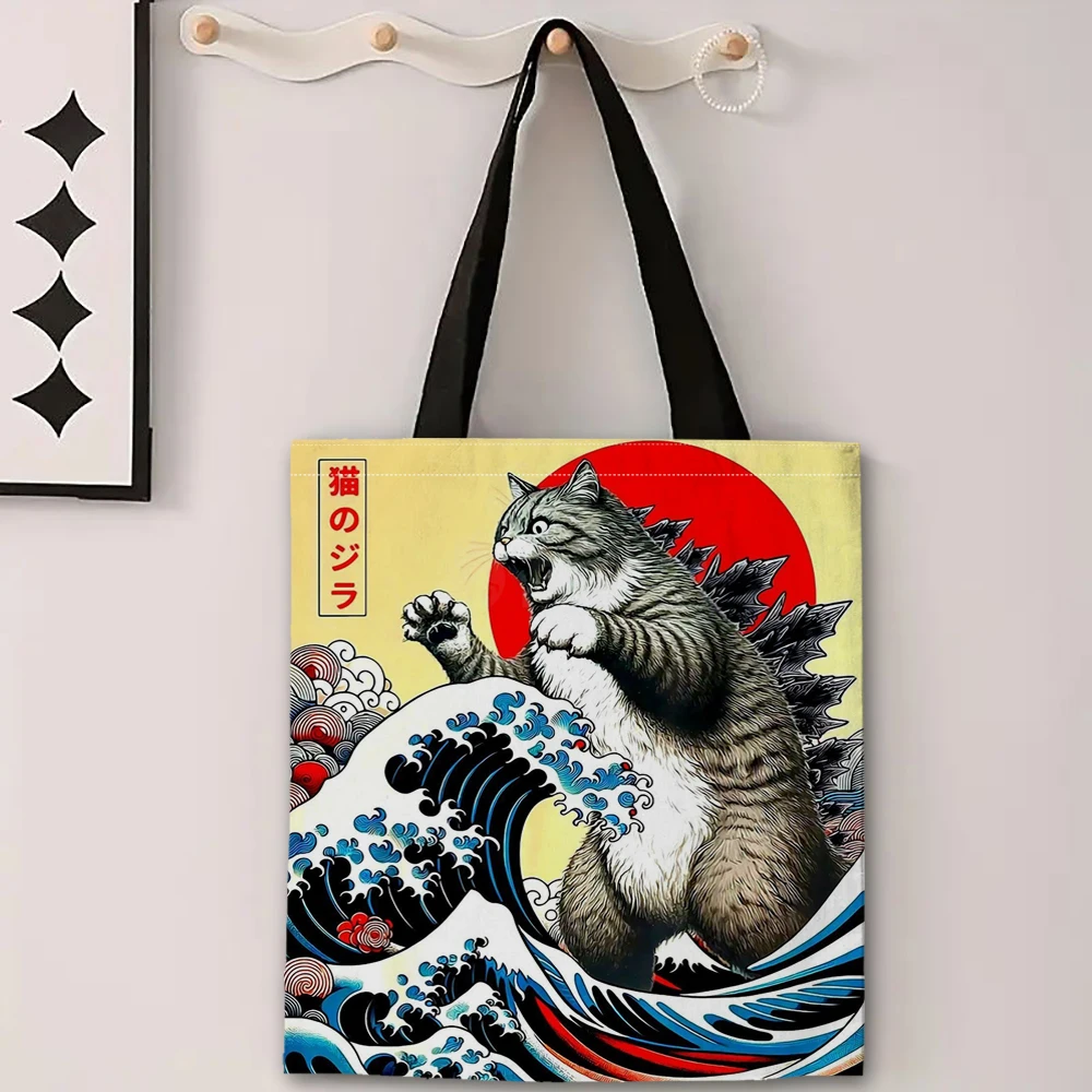 Catzilla Bolso de mano de arte japonés Bolso de playa de compras de hombro reutilizable para mujer, bolso de mano informal duradero