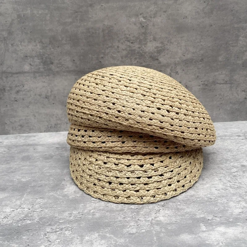 Women's Summer Raffia Woven Hollow Out Newsboy Cap Breathable Sun Protection Slim Face Versatile Straw Hat