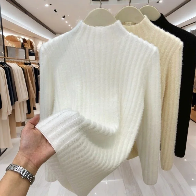 

Thickened Woolen Knitted Mink Sweater Women's Winter Warm Fleece Neck Middle Long Sleeve Base Shirt Soft Loose Fit Daily Wear