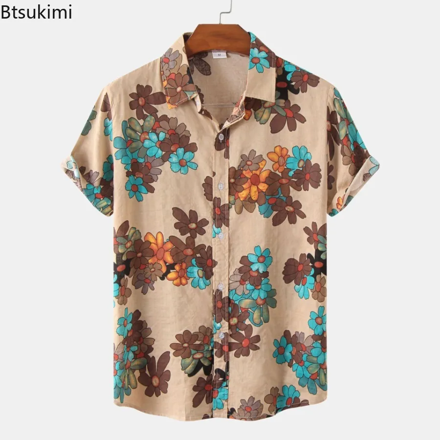 2024 pria ukuran besar longgar musim panas lengan pendek kemeja Fashion Vintage cetak Hawaii pantai Pria Atasan kasual blus untuk pria tee