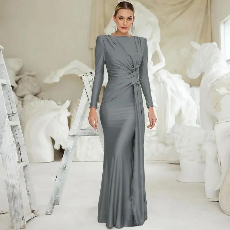 Robe de soirée taille haute à col rond pour femmes, manches longues, plis, tambour, robes de soirée grises, élégante, occasion formelle, luxe