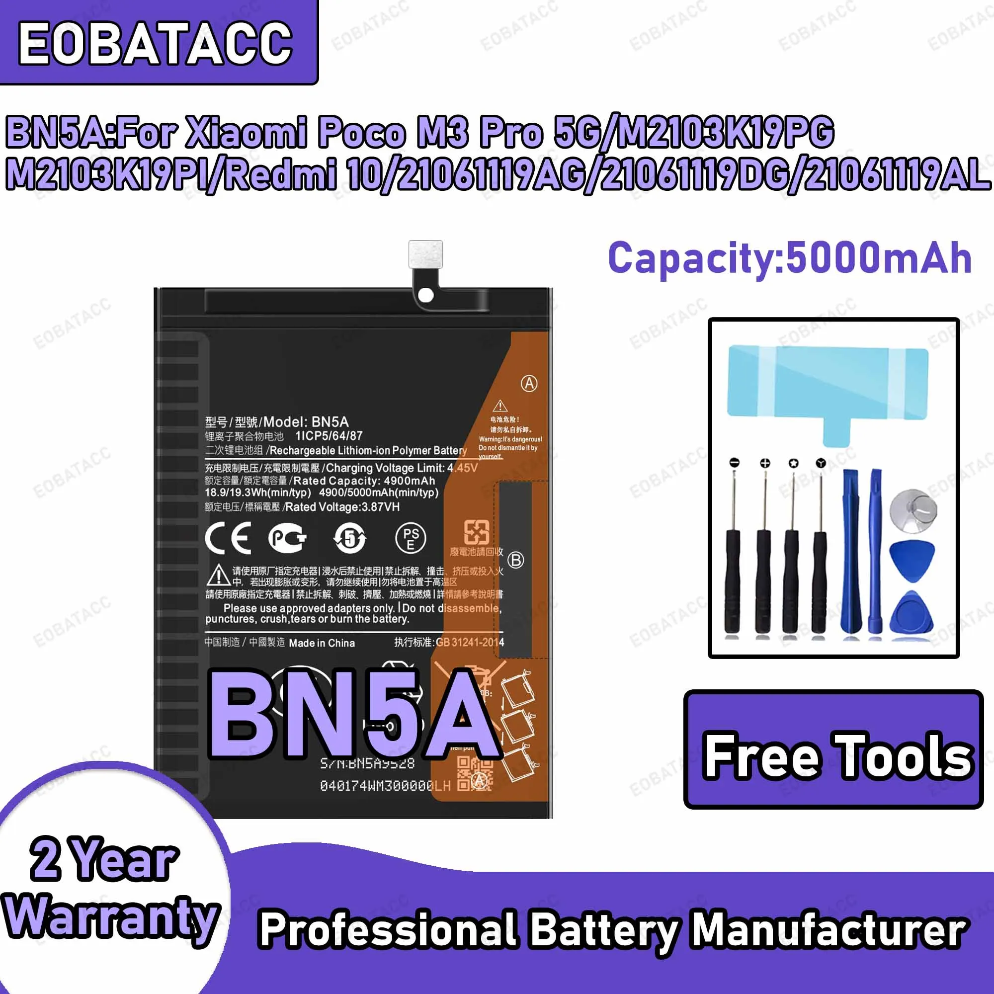 5000mAh BN5A Replacement Battery for Xiaomi Poco M3 Pro 5G/M2103K19PG/M2103K19P1/Redmi 10 Repair Tools Kit