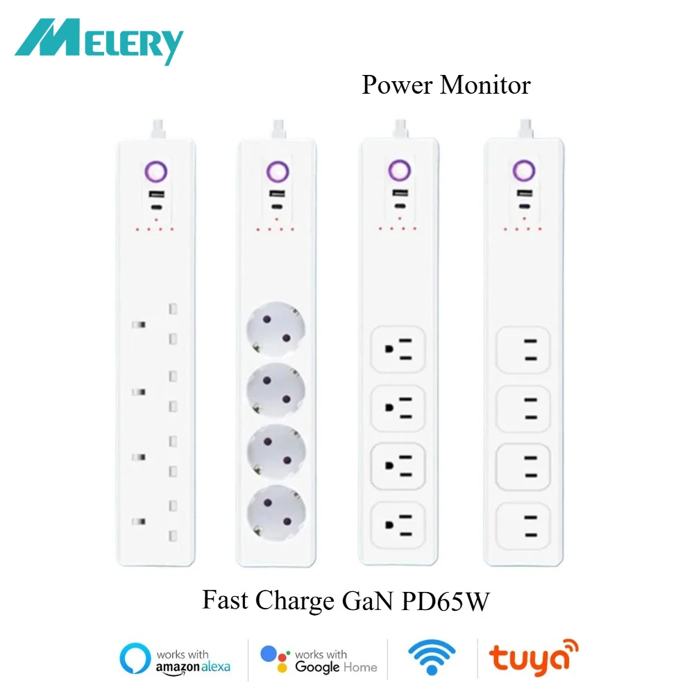 

Melery Wi-Fi Tuya Умная удлинительная розетка для удлинителя электрической розетки ЕС/США/Великобритании PD65W USB Type C Мониторинг Alexa Google Home