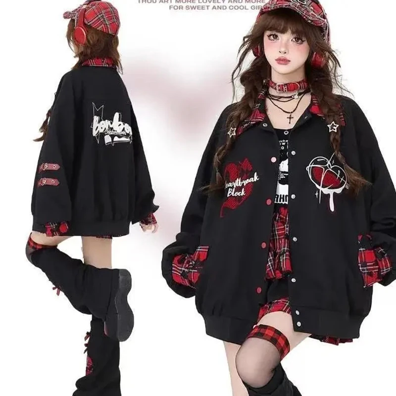 American Subculture Patchwork Jacket Women Single Breasted Plaid Loose Baseball Coat Gothic Casual Street Hiphop Outwear