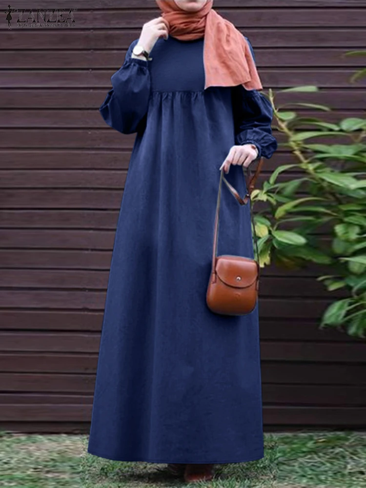 

2025 Spring Vintage Long Sleeve Denim Blue Dress ZANZEA Muslim Turkey Abaya Dress Women Stylish Party Work Sundres Robe Kaftan