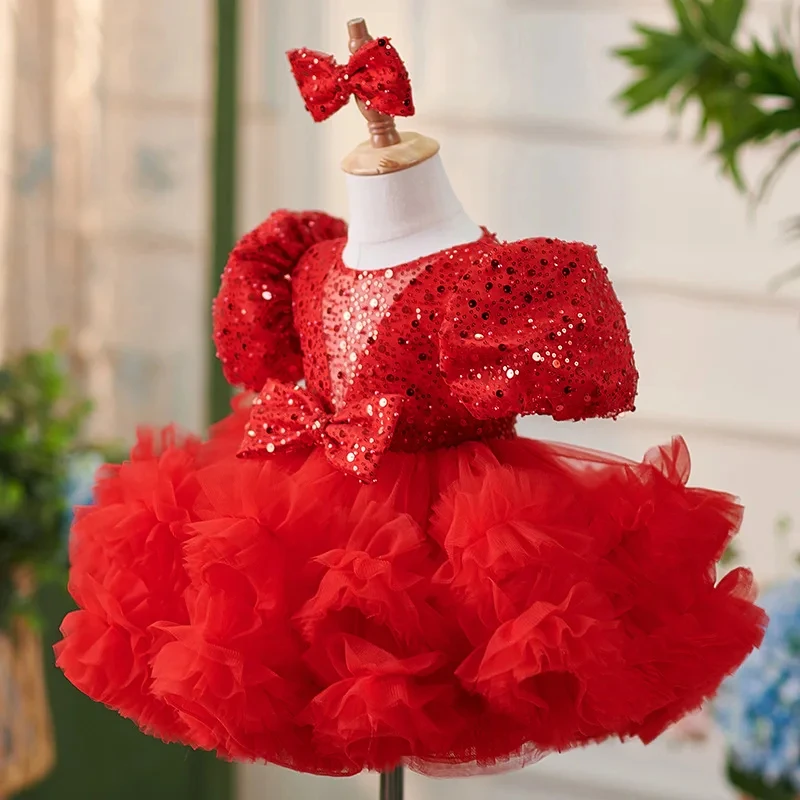 Vestido puffy flor vermelha infantil, vestidos de menina, camadas, vestido de festa de aniversário infantil, vestido de primeira comunhão infantil