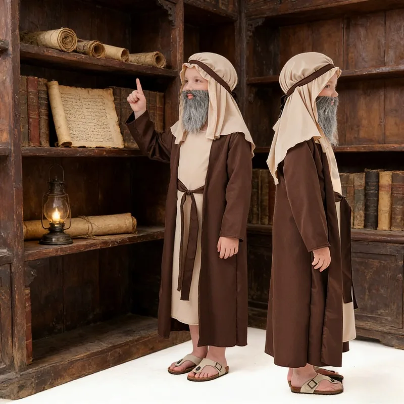 

Men's Arabian Thobe Robe with Keffiyeh Headscarf - Brown Traditional Middle Eastern Garment for Cultural Dress or Cosplay