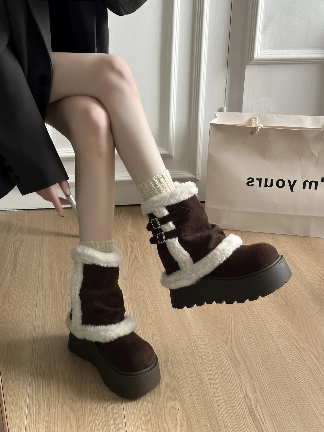 

Thi Bot Fce Lined Winter Snow Boots Women's Mid-Calf Warm Cuff Booties Plu Cotton oes Casual round Toe Boots