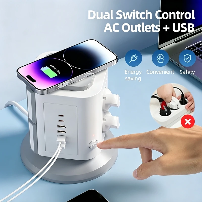 12-in-1 Multi-functional Vertical Socket with 15W Wireless Charger 6 AC Sockets + 4 USB-A Household Multi-Outlet Tower Power