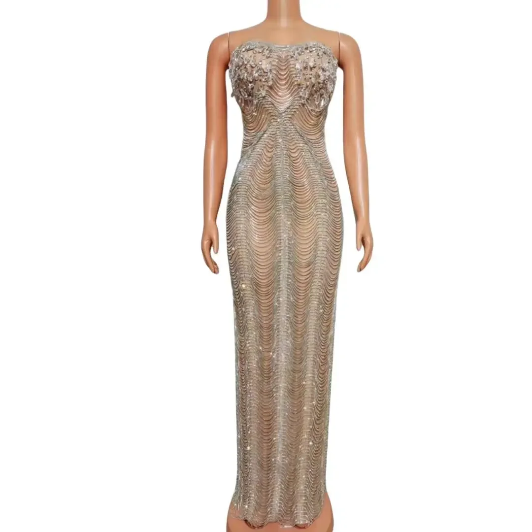 Vestido de cumpleaños con diamantes, sin mangas, ajustado, con hombros descubiertos, cadena de cristales, vestido largo hasta el suelo, vestido de fiesta elegante