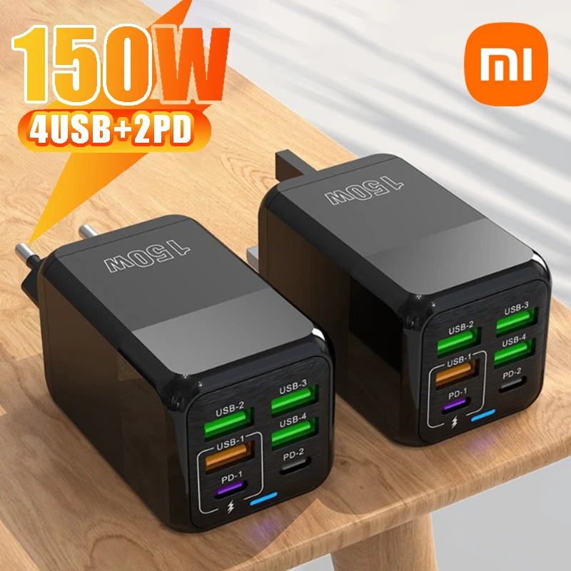 샤오미 150W PD QC 3.0 USB C 고속 충전기 벽 어댑터, 아이폰 삼성 아이패드 화웨이 원플러스 OPPO용 초고속 충전, 6 포트