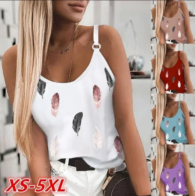 

Summer Women Wear New Fashion Pattern Fashion T-Shirt Summer Casual Feather Print Sleeveless Tank Tops Camisole Coat Female Top