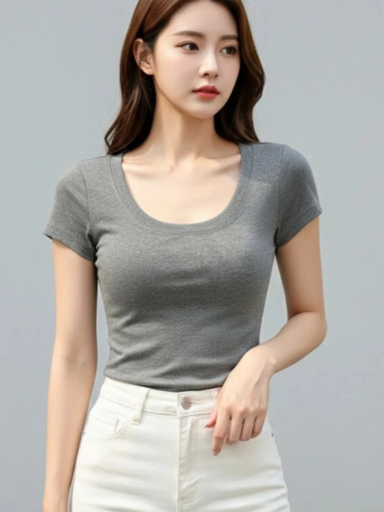 Baumwoll-Elastik Basic Einfarbiges Damen Casual Top 2026 Sommer Sexy Slim Damen T-Shirt Kurzarm Dünne T-Shirts Transparent