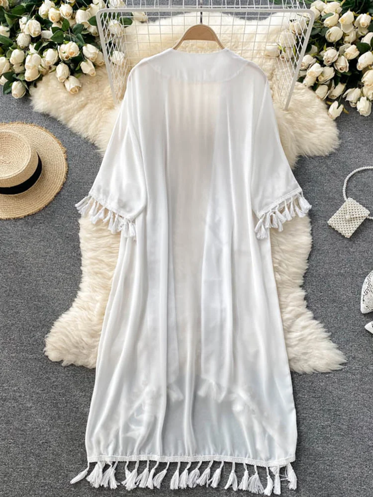 WeHello 2023 Summer Beach Kimono Women Bohemian Cover Up Long Fashion Embroidery Poncho Cardigan Tassel Chiffon Shirt