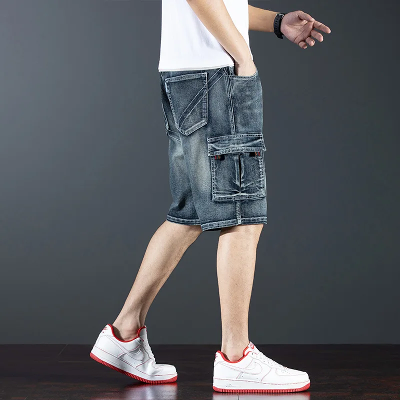 Summer Lightweight Multi-Pocket Patchwork Cargo Denim Shorts Men's 5-Pocket Distressed Trendy Casual