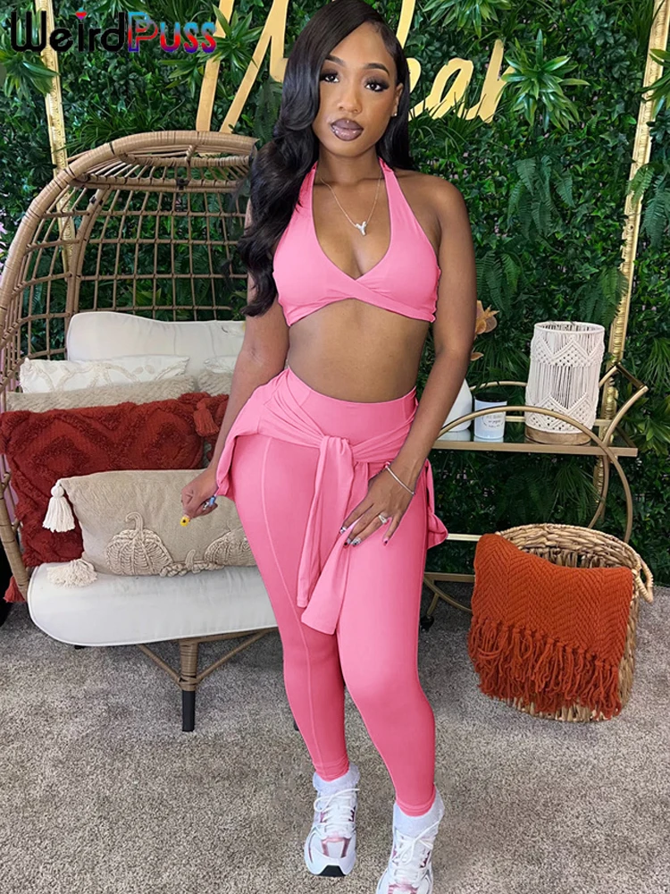 Aneh Puss setelan olahraga wanita, jaket lengan panjang ritsleting + tren Bar Halter Solid seksi 3 potong kasual Sporty + celana olahraga kurus