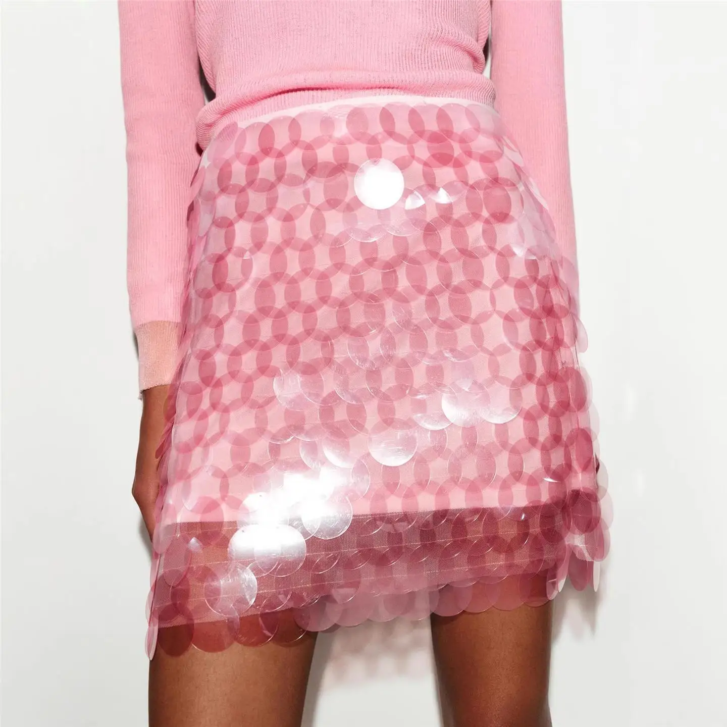 Pink Transparent Beaded Mesh Short Skirt High Waist A-Line Midi Skirt Atmosphere Sensation Casual Wear for Teen Girls