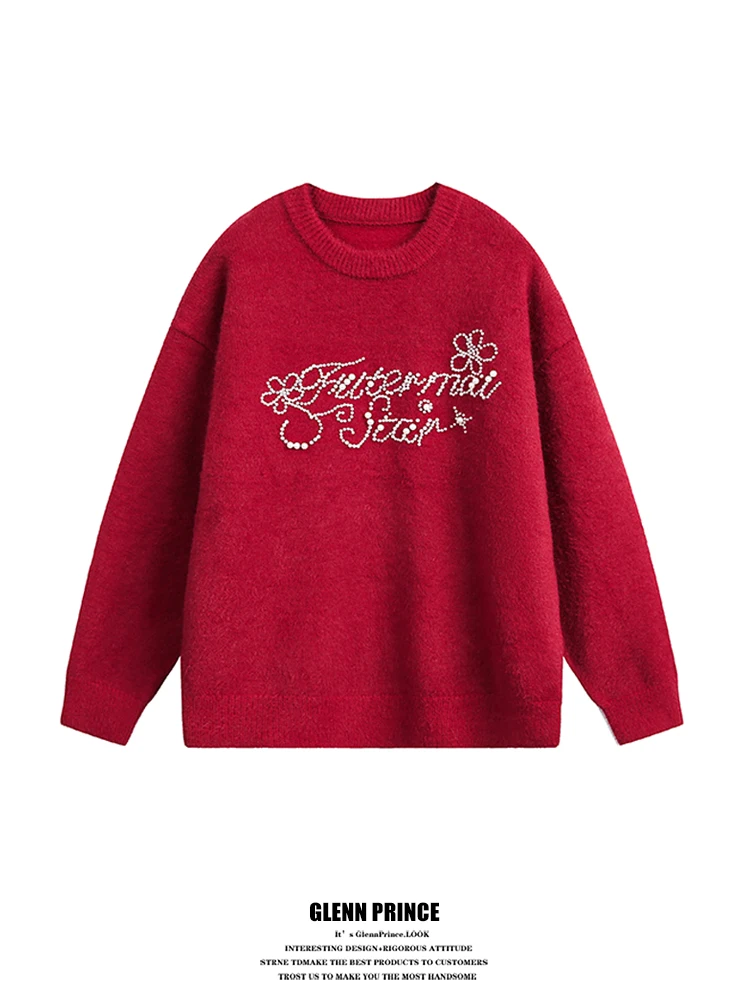 

Мягкий вязаный свитер с жемчужными стразами для мужчин, повседневный, свободного кроя, зимний, с длинным рукавом, круглый вырез, премиум-класса