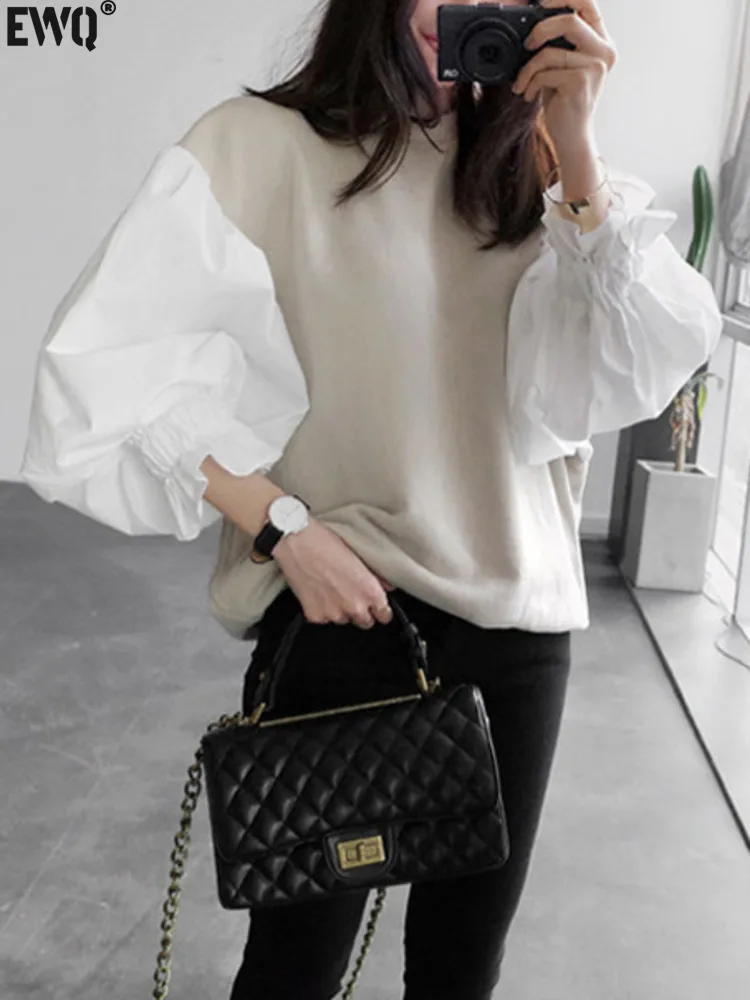 [EWQ] Puff Sleeve Spliced Contrast Colors O-neck Sweatshirt Loose Fashion Casual Women Pullover Tops 2024 Autumn New 16O1854